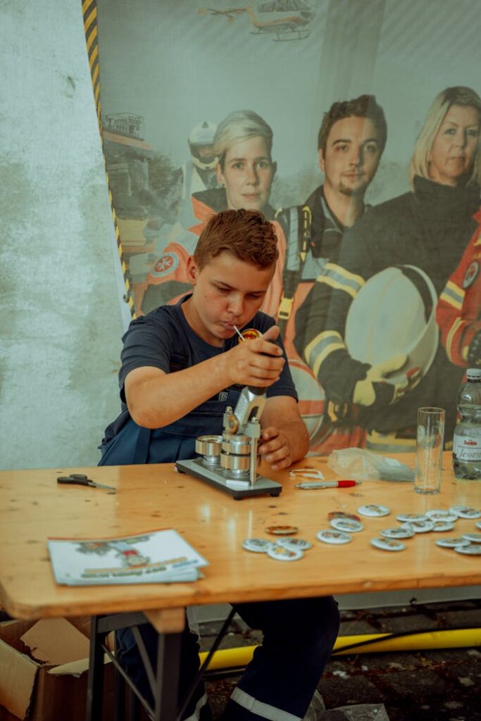 Boy Using a Device at the Table 